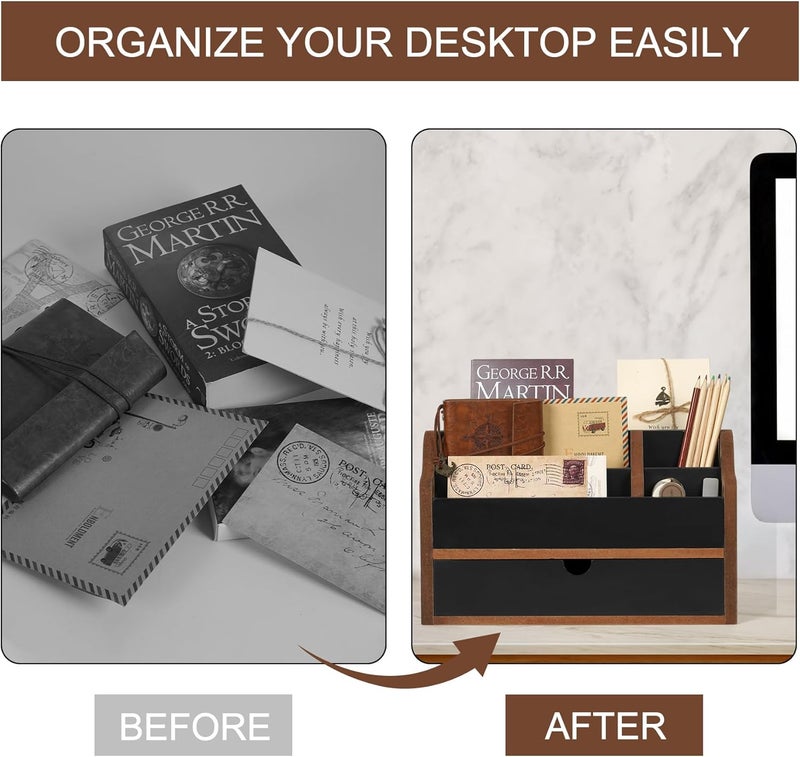 Dhmkfly Desk Organizer with Drawer Wood File Office Mail Organizer Countertop-5 Slot Tabletop Storage Pen Organizer Letter Holder for School Home Office Supplies - Image 4